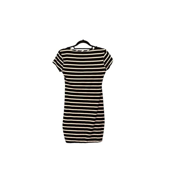 Moa Moa Women's Striped Ruched Bodycon Dress Black & White Knee Length M - Picture 2 of 9